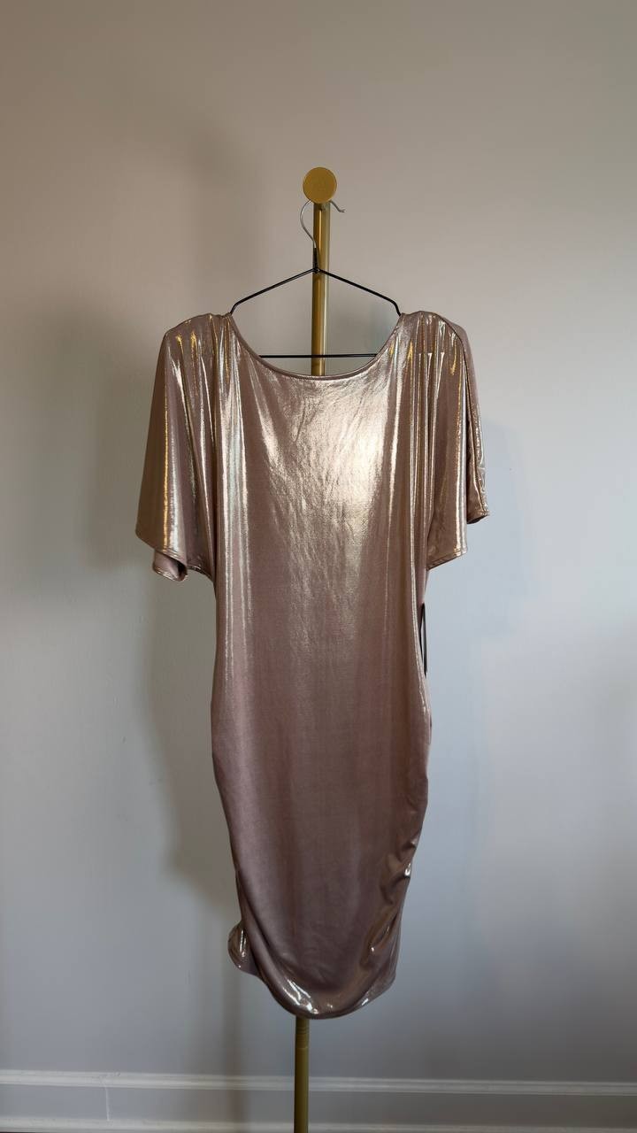 BOSS Orange Lamé Ruched Mini Dress Women’s L Beige NWT $149