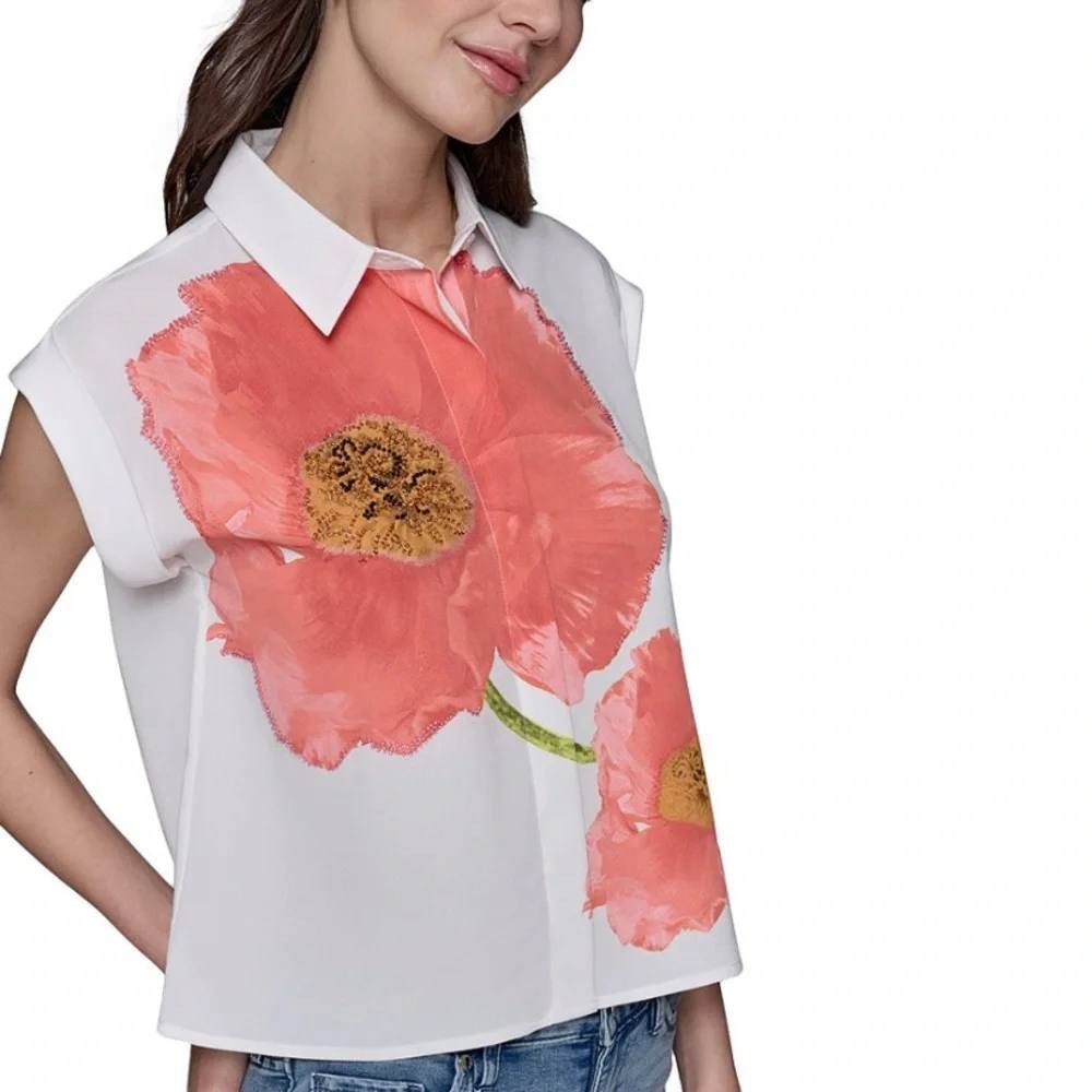 Karl Lagerfeld Paris Floral‑Print Blouse White Floral L NWT $109