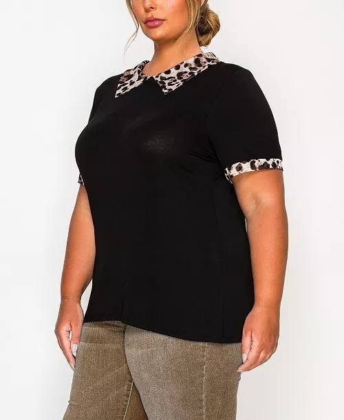 Coin 1804 Women’s Leopard Trim Mesh Collar Top Black 3X $34 NWT
