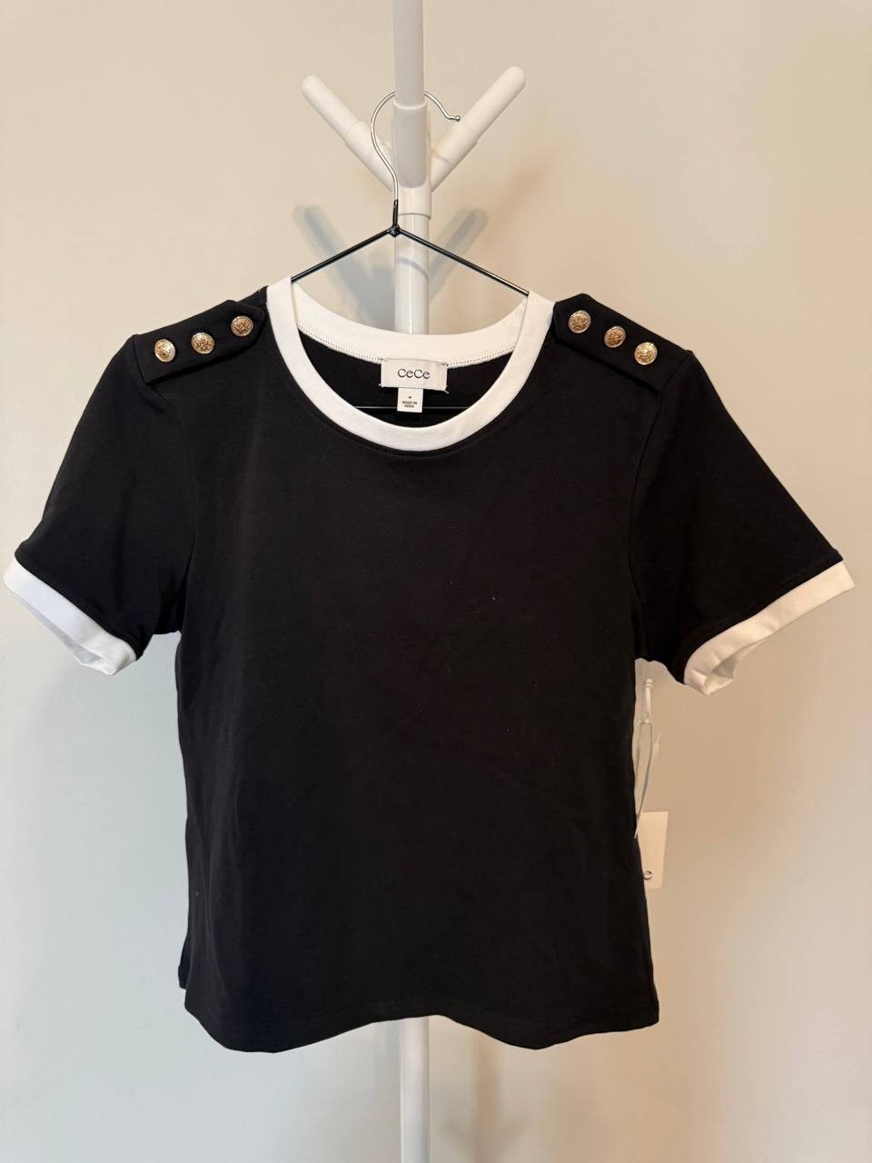 CeCe Button‑Shoulder Contrast‑Trim T‑Shirt – SizeXS – NWT – $59