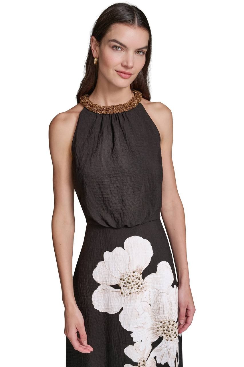 Karl Lagerfeld Floral Bead Collar Sleeveless Midi Dress Black Multi 8 NWT $189