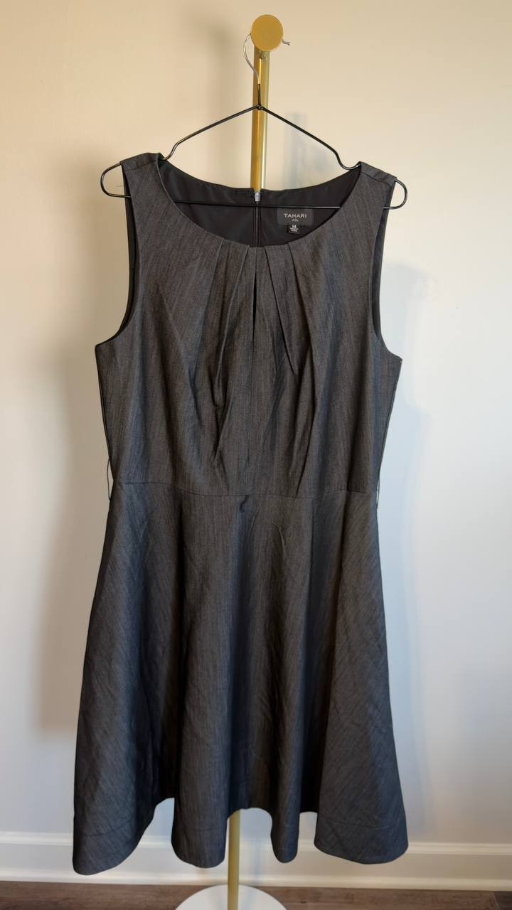 Tahari ASL Soft Denim Sleeveless Fit & Flare Dress Black 14 NWOT $159