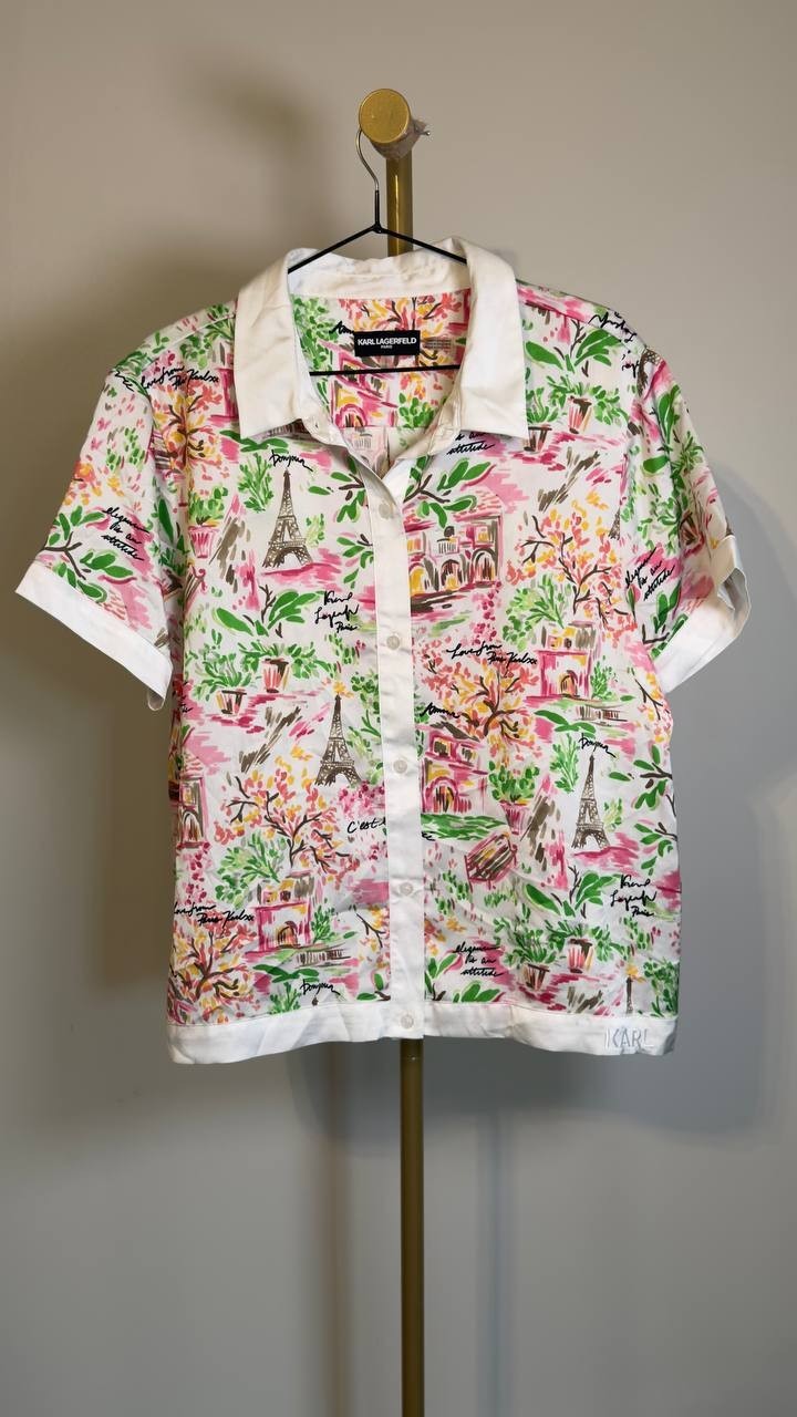 Karl Lagerfeld Collared Printed Button Top Soft White/Pink Carnation L NWT $99