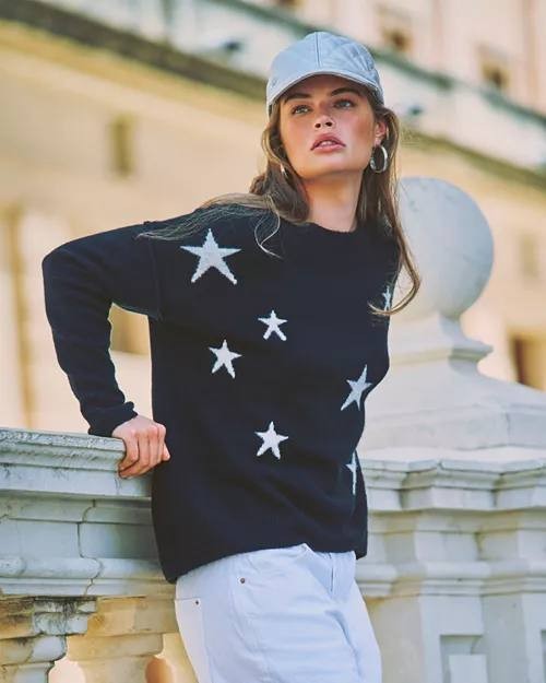 Vince Camuto Star Crewneck Sweater Black M, NWT - Intarsia Star Knit Casual