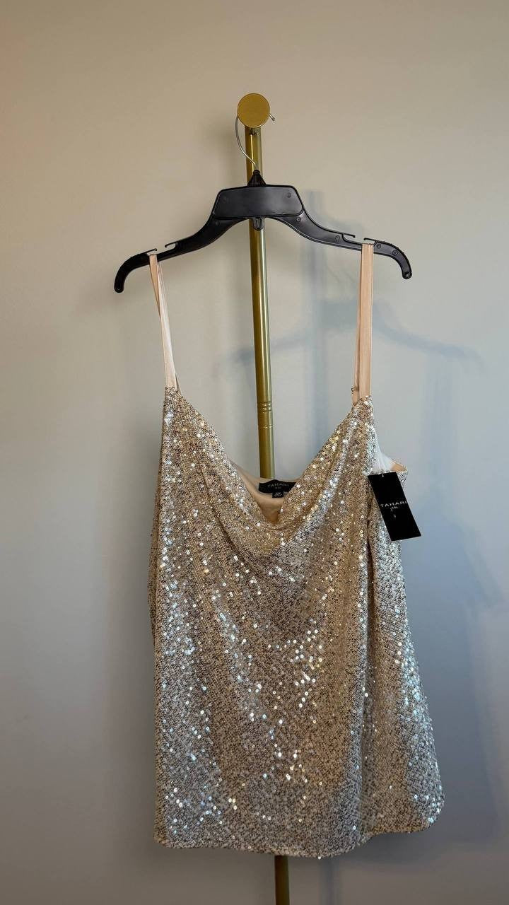 Tahari ASL Sequin Cowl Neck Camisole Nude Silver 2X NWT $79