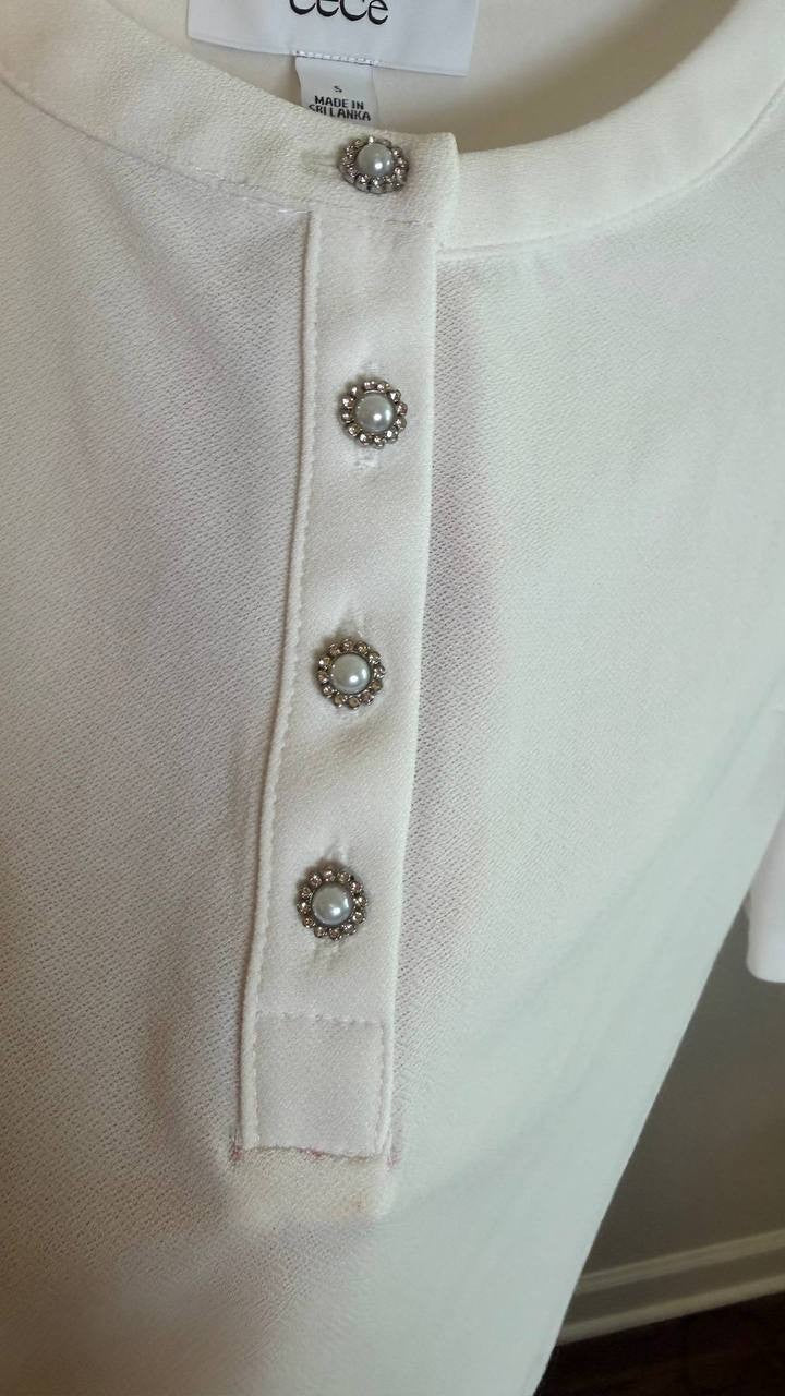 CeCe Shirred Sleeve Embellished ButtonTop New Ivory Crewneck SizeS NWOT$59 snags