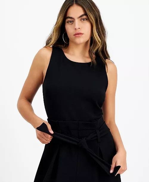 Bar III Petite Tie-Waist Jumpsuit Black Crew-Neck Sleeveless Cropped NWT