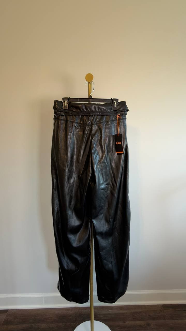 BOSS Faux Leather Straight-Leg Belted Pants Black 8 NWT $149