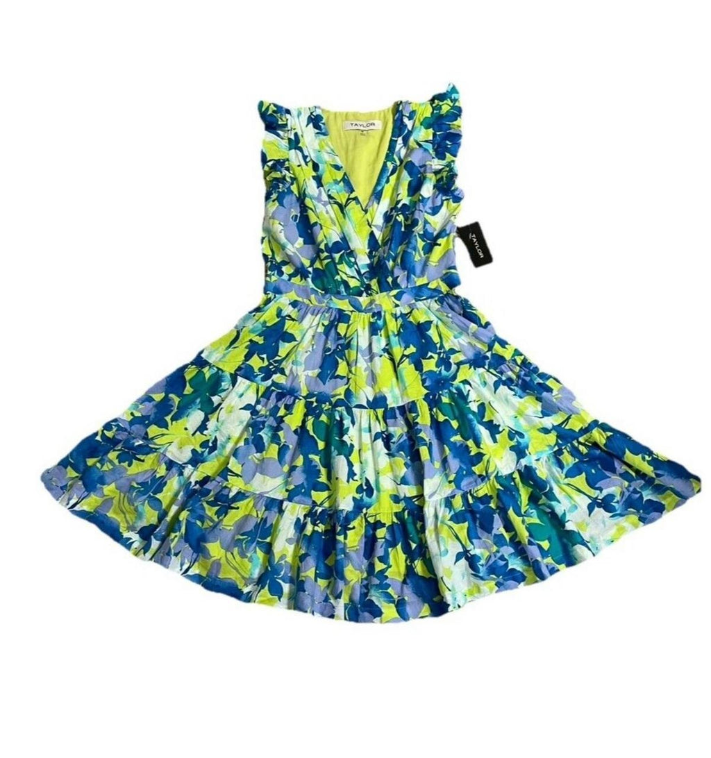 Taylor Dress 14 Navy Floral Cotton Ruffle Sleeve Tiered Midi Fit & Flare NWT