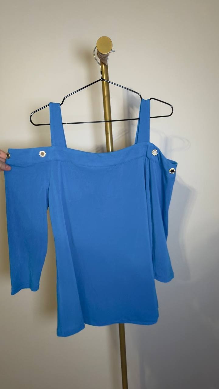 Belldini Women’s Grommet Trim Cold Shoulder Top Blue S NWT $49
