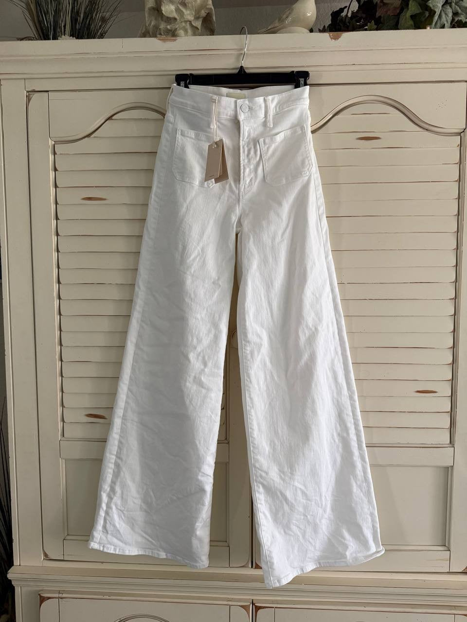 MOTHER High Rise Patch Pocket Wide-Leg Jeans for Women, White, Size 24