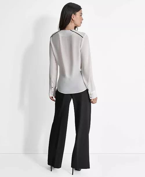 DKNY Long Sleeve Trimmed Lapel Blouse White Size PL NWT $69