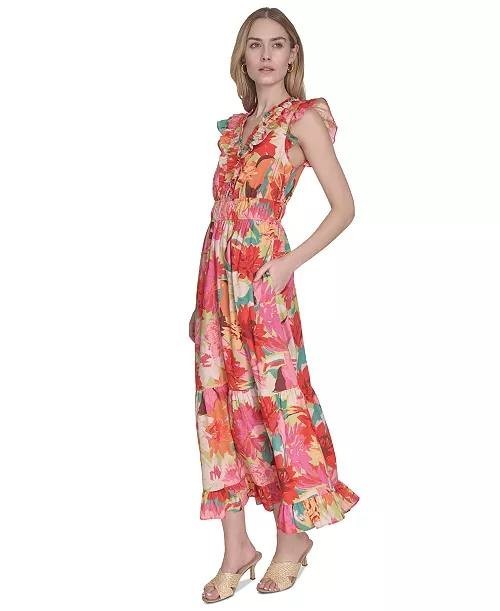 Vince Camuto Floral‑Print Ruffled‑Shoulder Midi Dress Multi 2 NWT $158