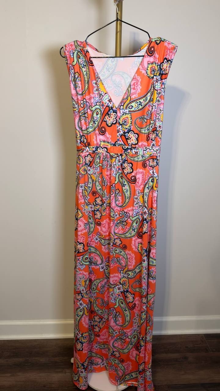 24seven Comfort Apparel Plus V‑Neck Sleeveless Maxi Dress Coral Multi 1X NWT $64