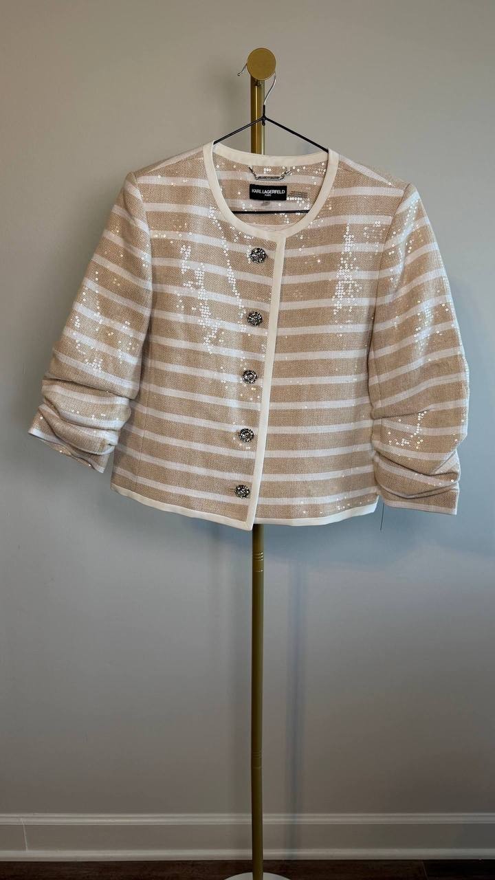 Karl Lagerfeld Paris Sequinned Striped Jacket Beige S NWOT $229