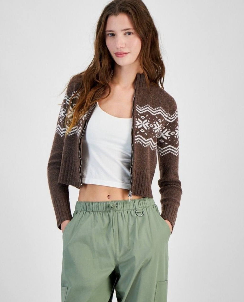 Planet Heart Cropped Zip Sweater Brown Pink Juniors M Knit Pullover NWT