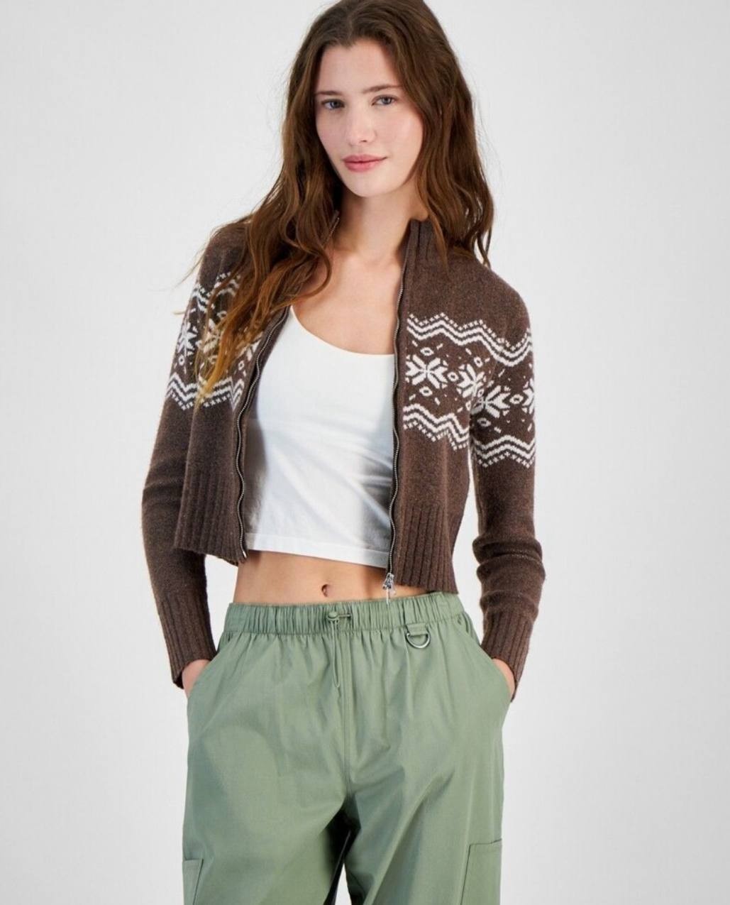 Planet Heart Cropped Zip Sweater Brown Pink Juniors M Knit Pullover NWT