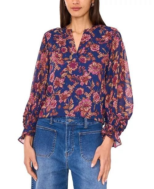 Vince Camuto Women’s Plus Split‑Neck Floral Blouse Navy 3X $89 NWT