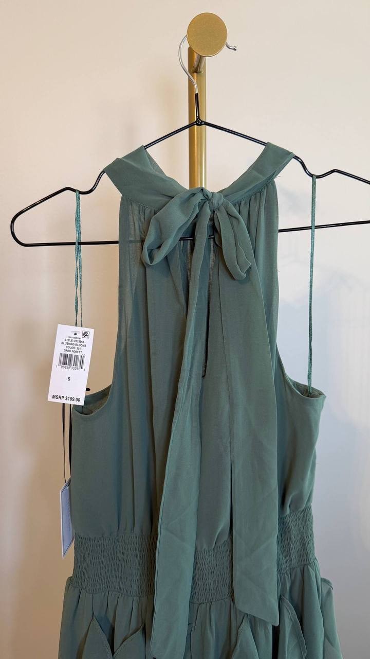 1.STATE Dark Forest Halter Neck Ruffle Maxi Dress Size S NWT Damaged Fabric