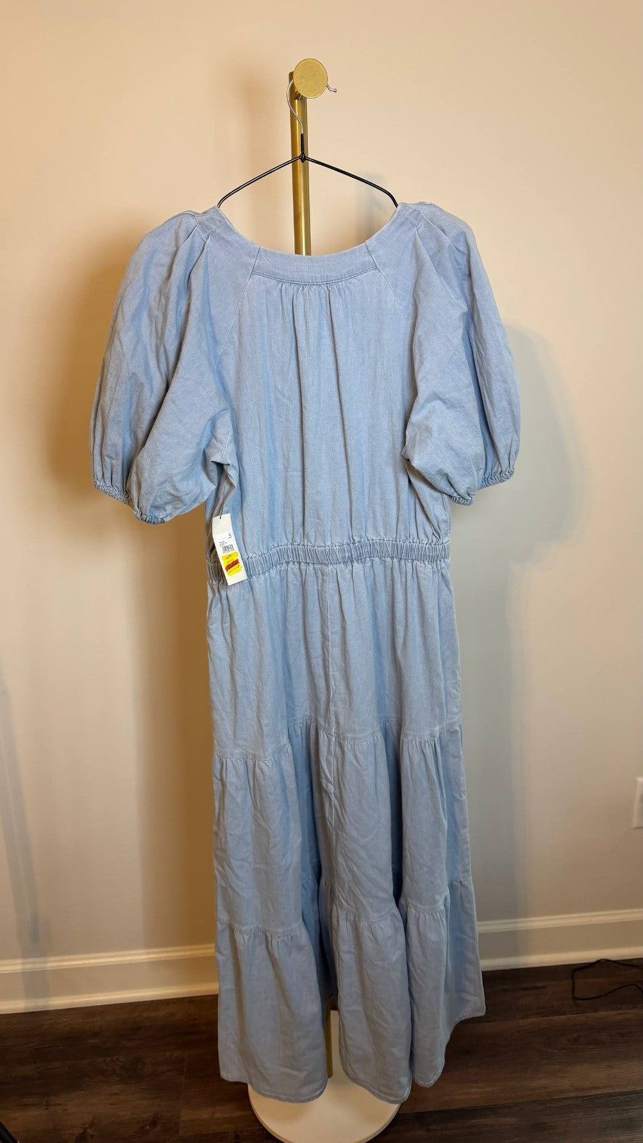 Anne Klein Women’s Split‑Neck Puff‑Sleeve Denim Midi Dress Blue $129 NWT