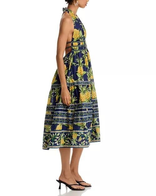 FARM Rio Pineapple Print Midi Dress Navy Multicolor, Size S, New with Tags