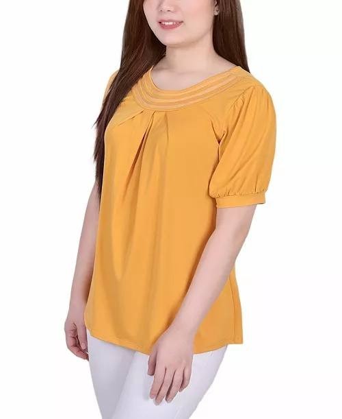 NY Collection Women’s Puff Sleeve Mesh Inset Top Golden Glow PM $42 NWT