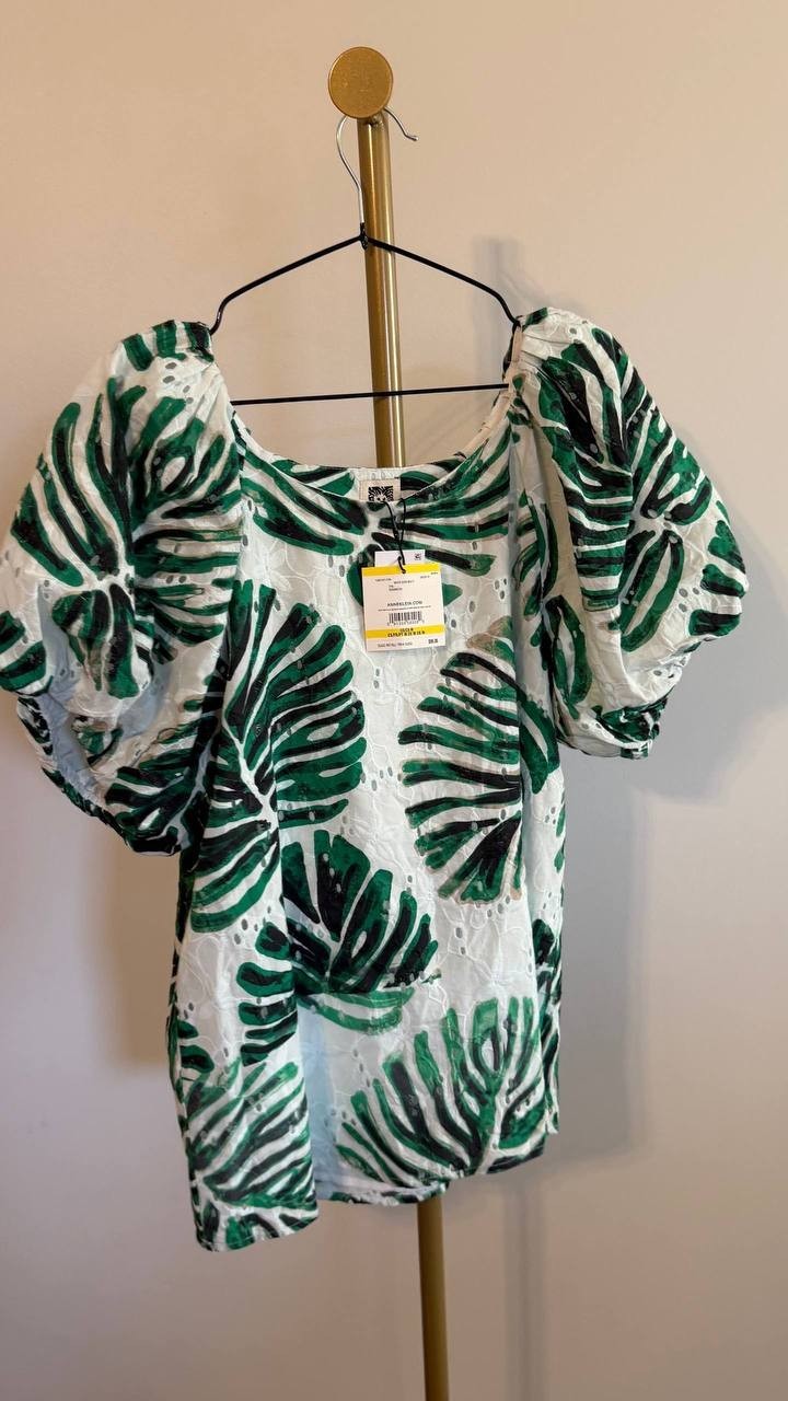 Anne Klein Women’s Eyelet Leaf‑Print Puff Sleeve Top Green M $99 NWT