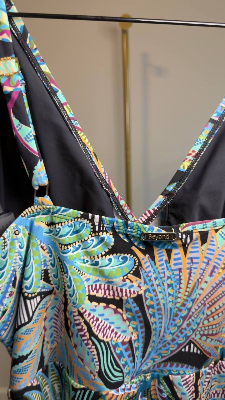 Beyond Control V‑Neck One‑Piece Swim Dress Black Multi 8 NWT $144