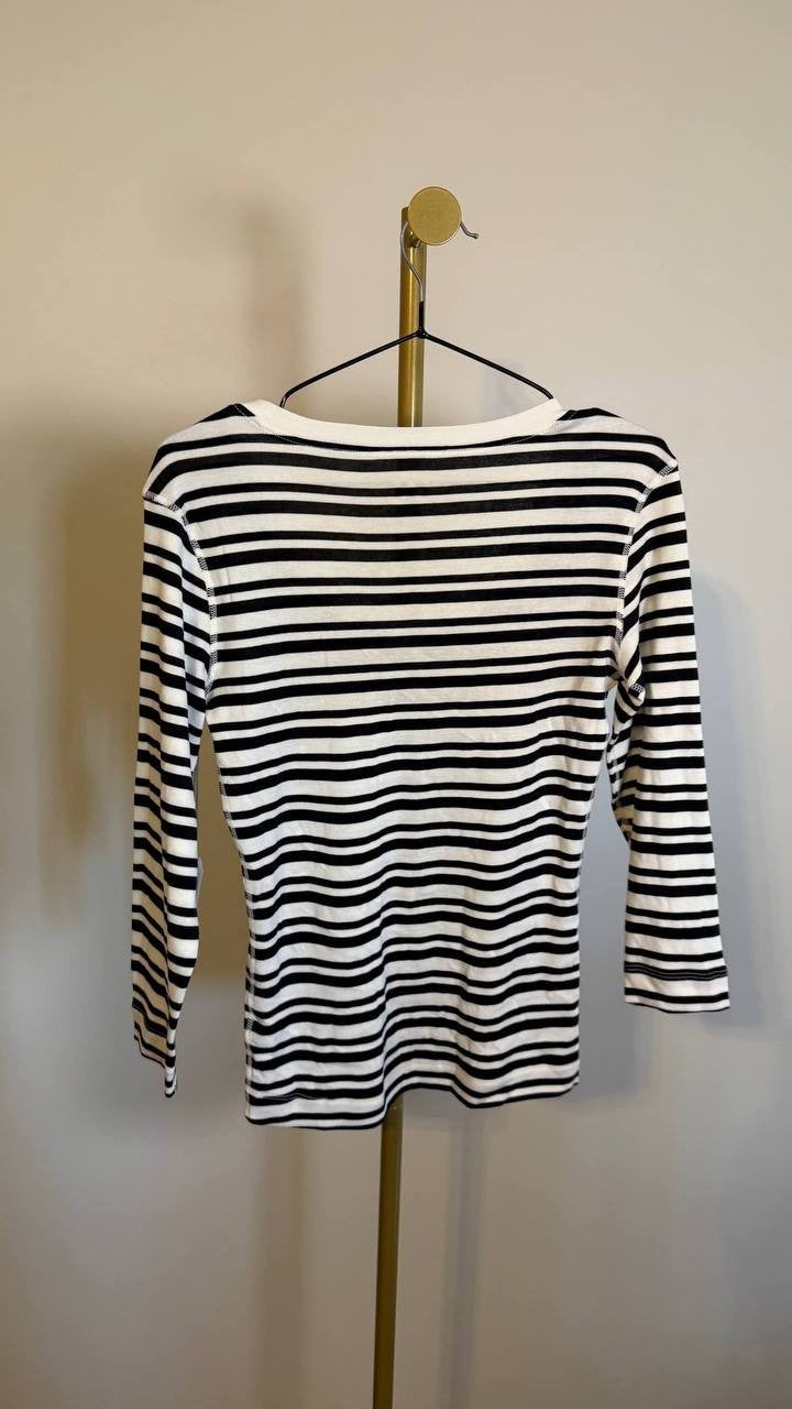 Three Dots Women’s 3/4 Sleeve V‑Neck Tee Black Beauty Stripes S $46 NWT