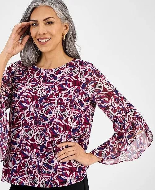 Kasper Flutter‑Sleeve Abstract‑Print Top Cerise Multi L NWT $69