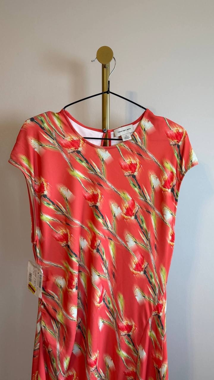Calvin Klein Cap Sleeve Printed Satin Midi Dress Red Multi L NWT $149
