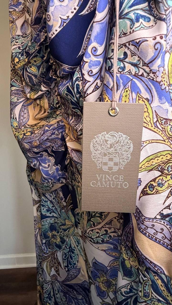Vince Camuto Sleeveless Crew Neck Printed Fit & Flare Dress Blue 16 NWT $168