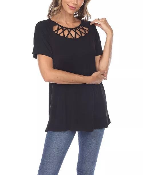 White Mark Crisscross Cutout Short Sleeve Top Black L NWT $52