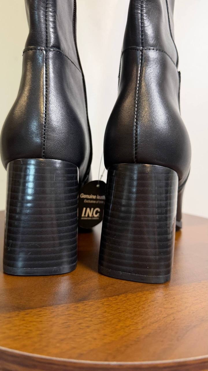INC Elani Boots 9M Black Beauty Leather Knee‑High Square Toe NIB msrp$189.90