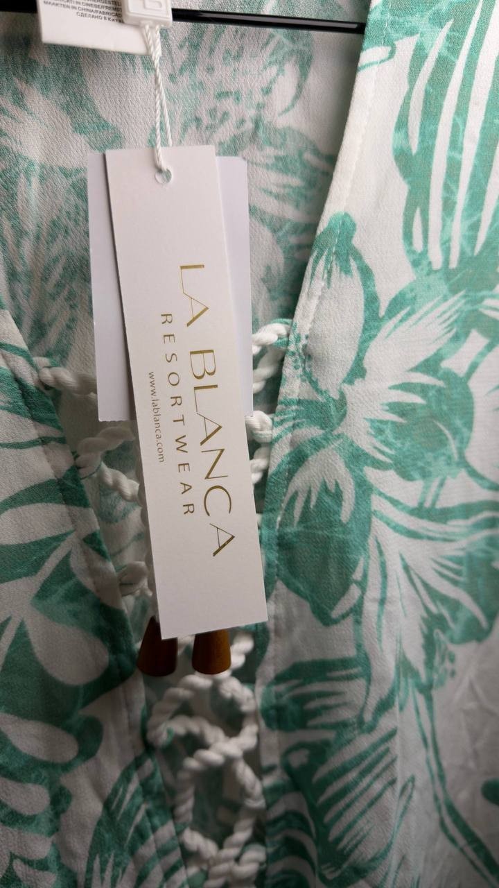 La Blanca Batiki Lace‑Front Tunic Cover‑Up Dress Eucalyptus S NWT $113
