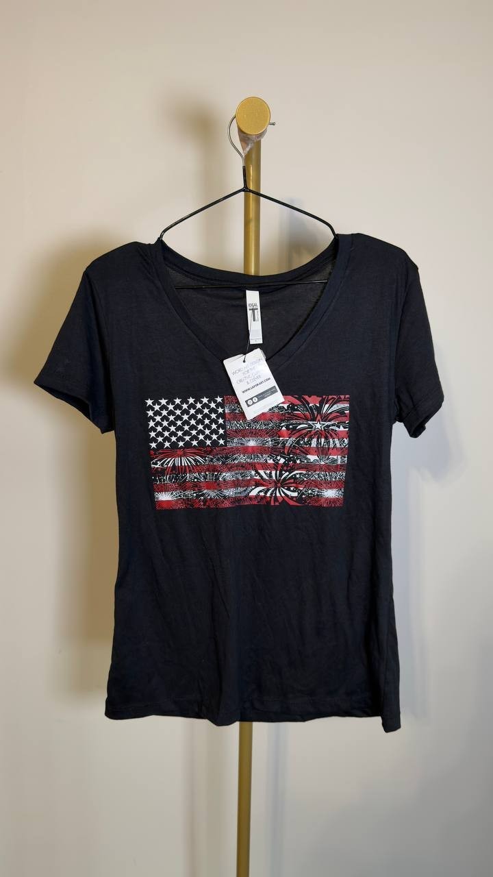 LA Pop Art Women’s Fireworks American Flag V‑Neck T‑Shirt Black L NWT $25