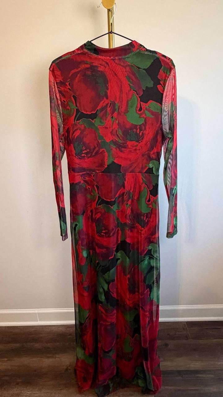 Anne Klein Rose‑Print Twist‑Front Maxi Dress Titian Red Multi 8 NWT $149