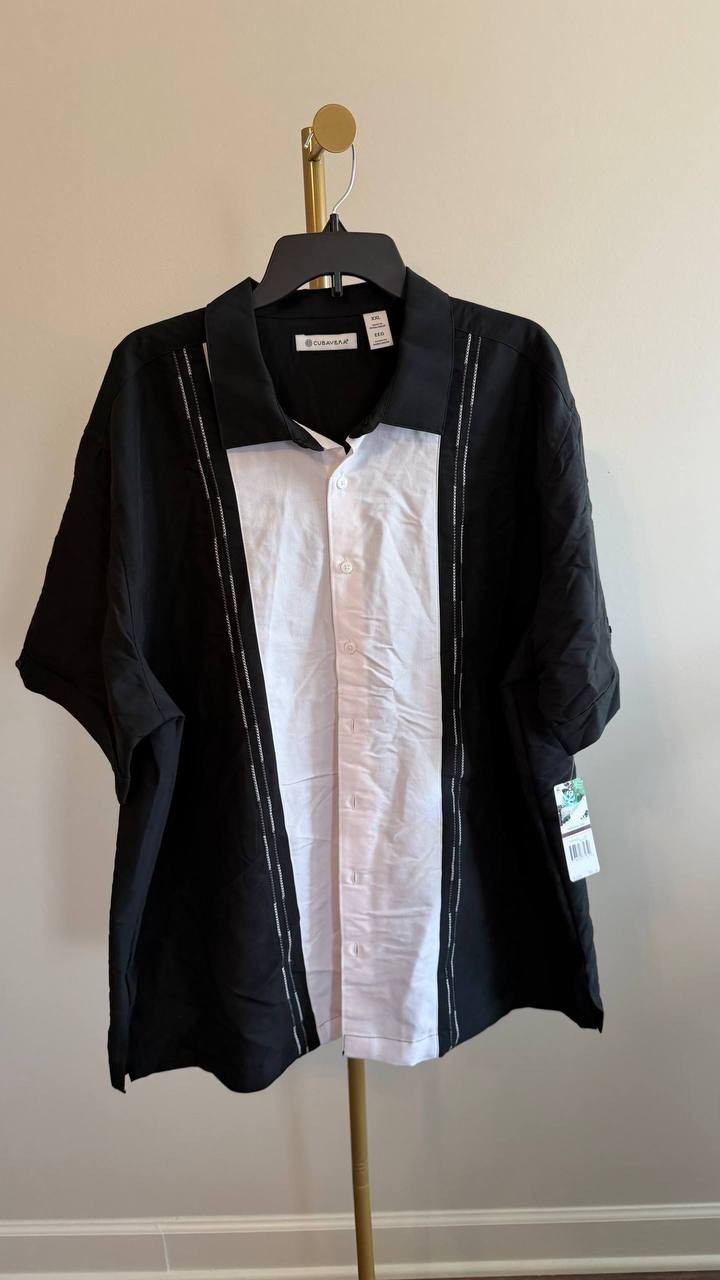 Cubavera Colorblock Embroidery Short Sleeve Shirt Black/White XXL NWT