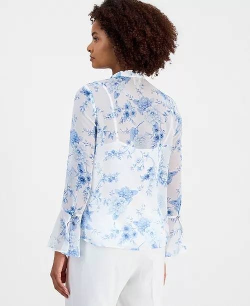 Anne Klein Floral Ruffle Tie‑Neck Blouse L White Multi NWT $99