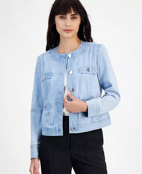 Anne Klein Women's Button Front Jewel Neck Jacket, Casino WASH Size XL