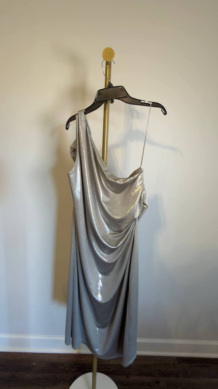 Lauren Ralph Lauren Metallic One‑Shoulder Cocktail Dress Silver 16 NWT $225