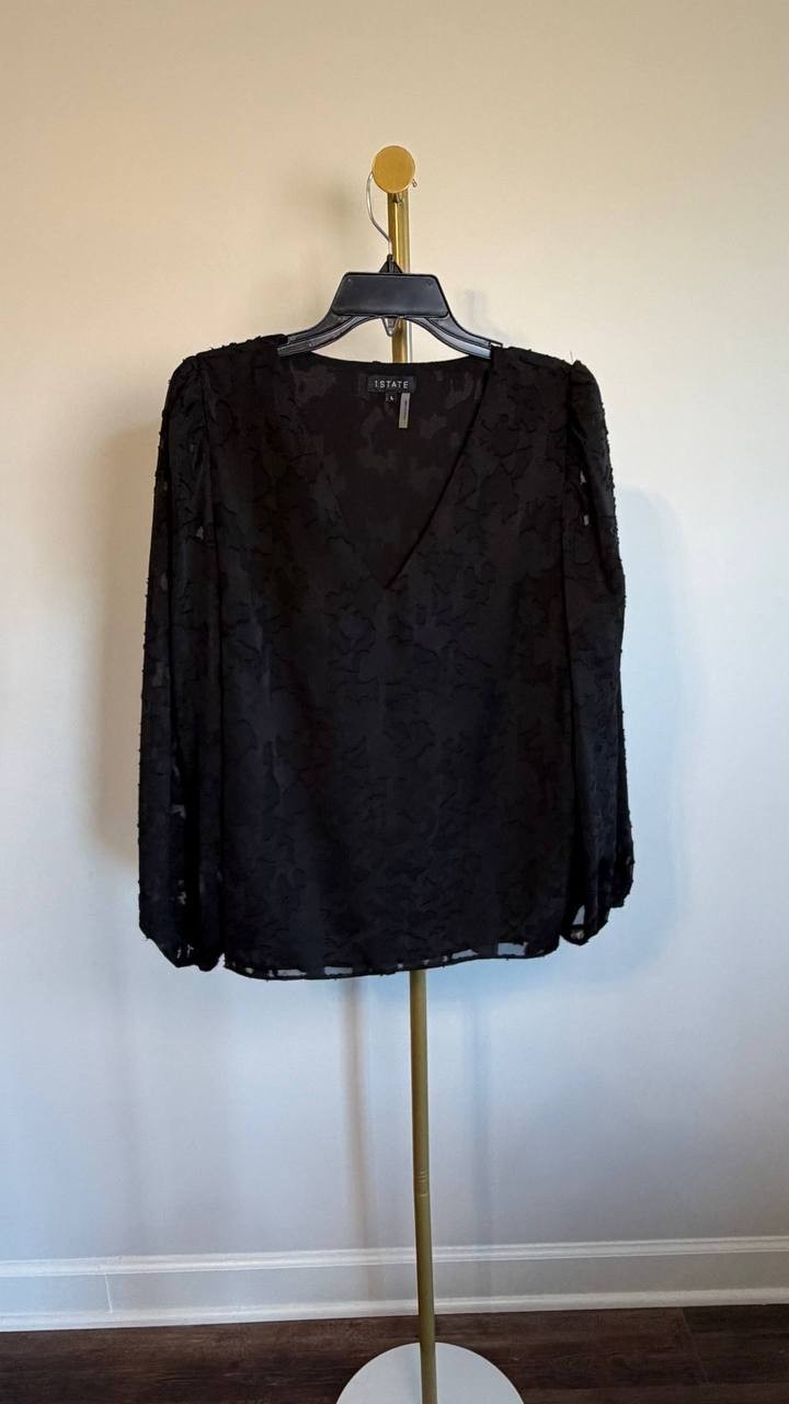 1.STATE V‑Neck Balloon‑Sleeve Blouse Black L NWOT $89