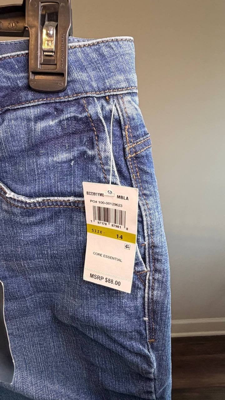 Democracy “Ab”solution Mid‑Rise Girlfriend Jeans Side Entry Blue 14 NWT $88