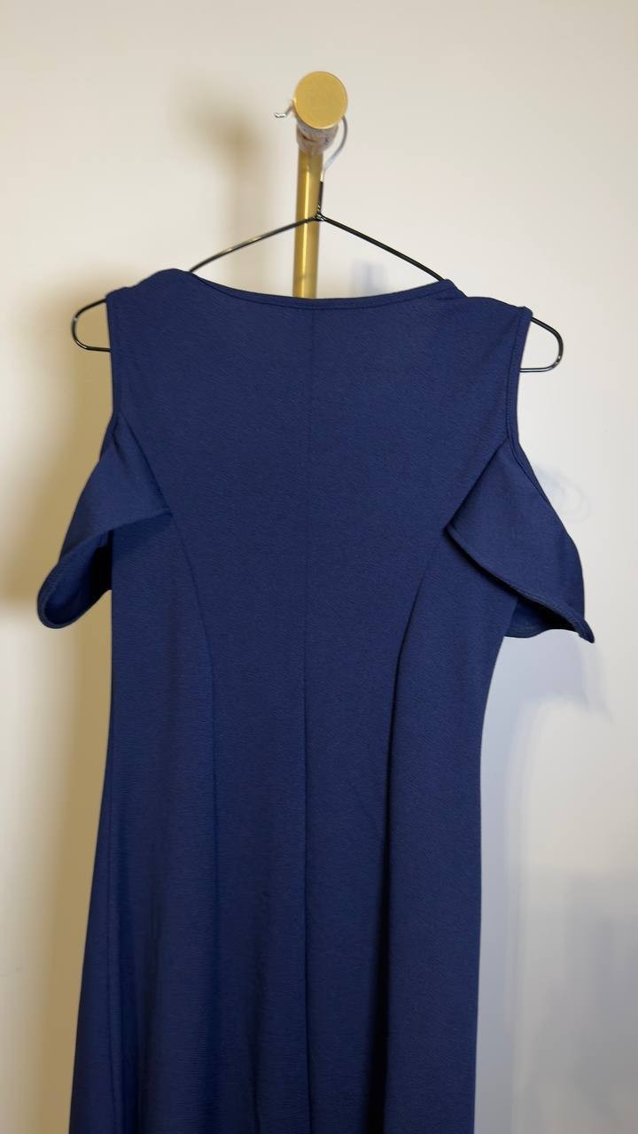 24seven Comfort Apparel Ruffle Cold Shoulder A‑Line Maxi Dress Navy M NWT $90