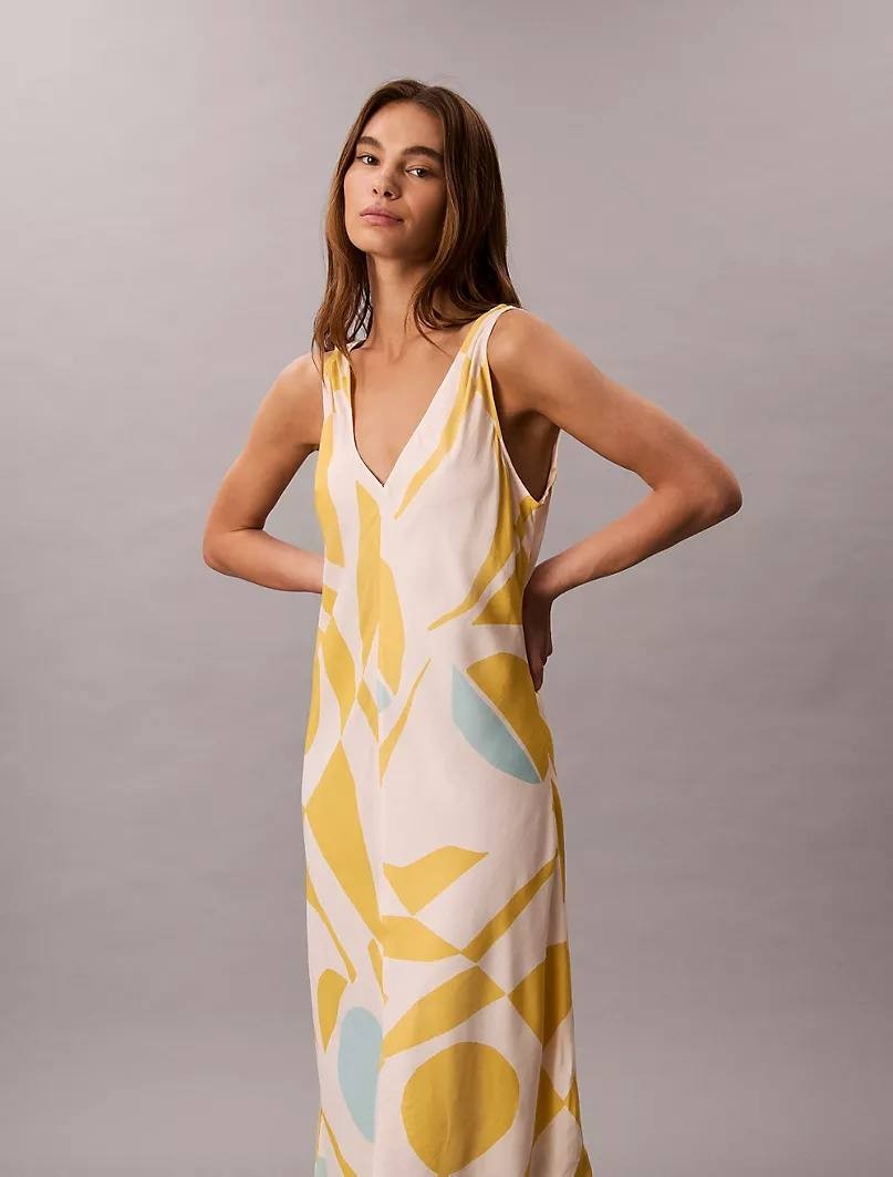 Calvin Klein Printed V-Neck Midi Dress – Yellow Print, Size L