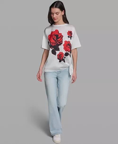 Karl Lagerfeld  Floral Print Crewneck Top M White Multi NWT $79