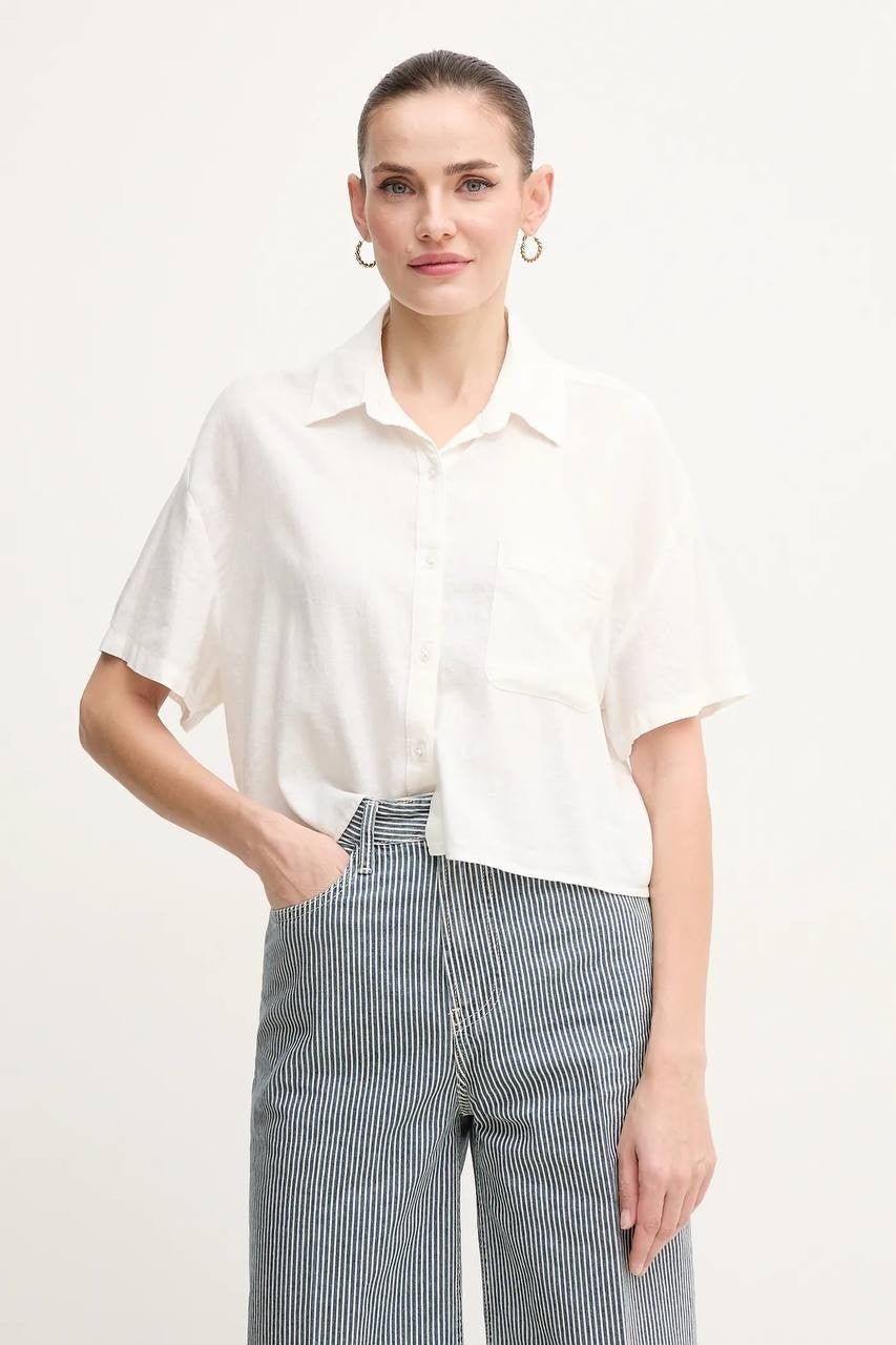 DKNY JEANS Linen‑Blend Relaxed Shirt Ivory Size S NWT Classic Button MSRP$79