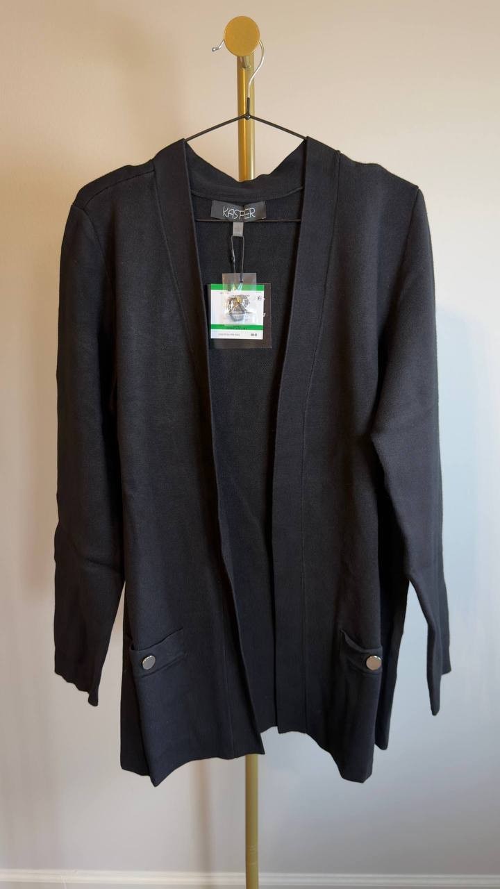 Kasper Open‑Front Long‑Sleeve Cardigan Black L NWT $99