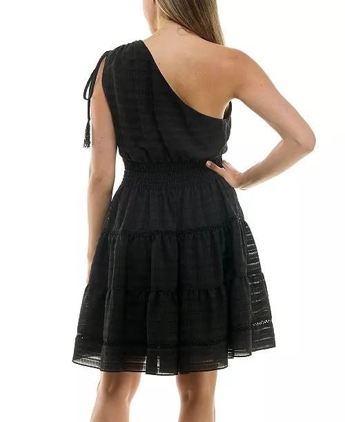 Taylor One‑Shoulder Seersucker Fit & Flare Dress –Black –Size M – NWT