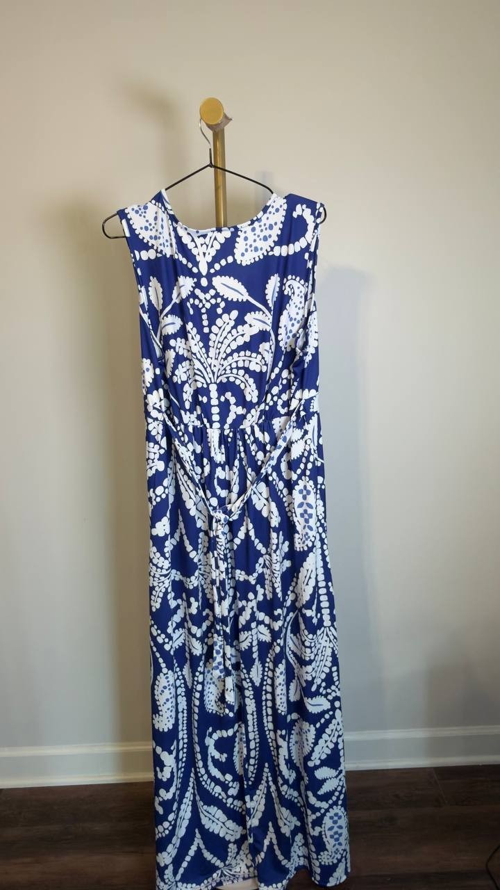 24Seven Comfort Apparel Sleeveless Empire Maxi Dress White/Navy 1X NWT $53